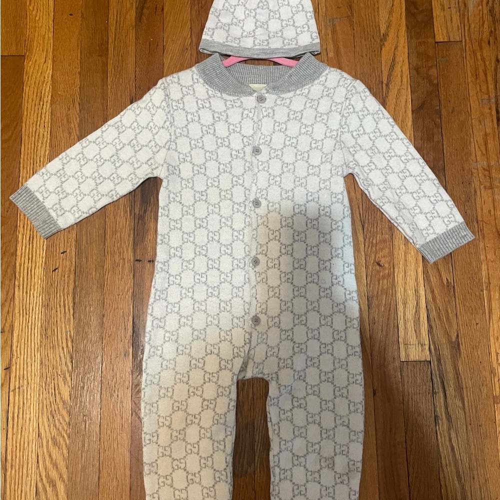 Gucci White and Gray Kids One Piece with Hat